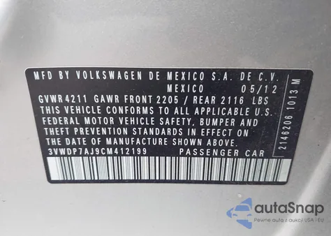 2012 Volkswagen Jetta 2.5L Se from USA, damaged, VIN 3VWDP7AJ9CM412199
